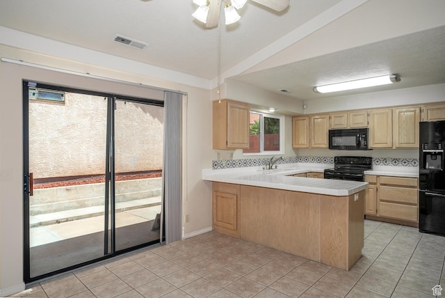 301 S 1200 E Unit 64, St George, UT 84790 - kitchen featuring black appliances, light brown cabinetry, lofted ceiling, a ceiling fan, and a peninsula