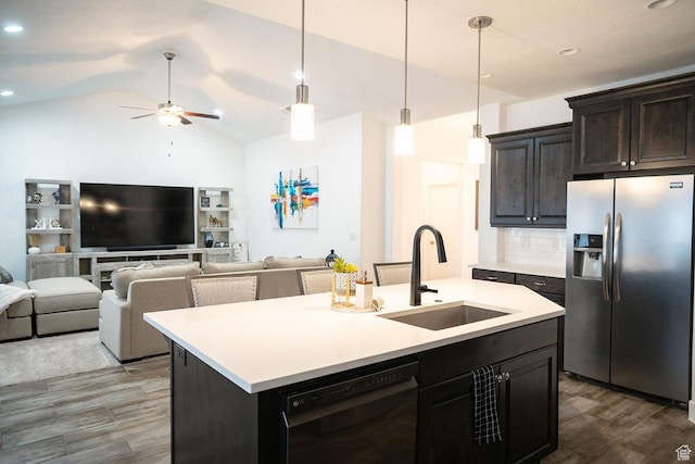 1060 N Ocotillo Dr, Washington, UT 84780 - kitchen featuring stainless steel refrigerator with ice dispenser, dark wood-style floors, light countertops, ceiling fan, and dishwasher