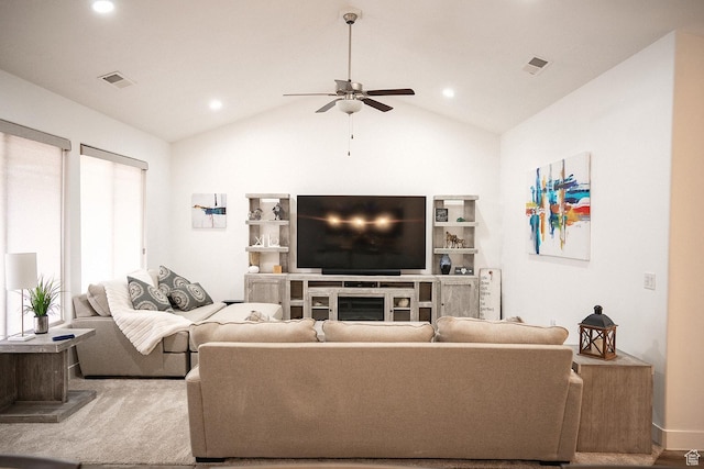 1060 N Ocotillo Dr, Washington, UT 84780 - living area with a ceiling fan, vaulted ceiling, recessed lighting, and a glass covered fireplace