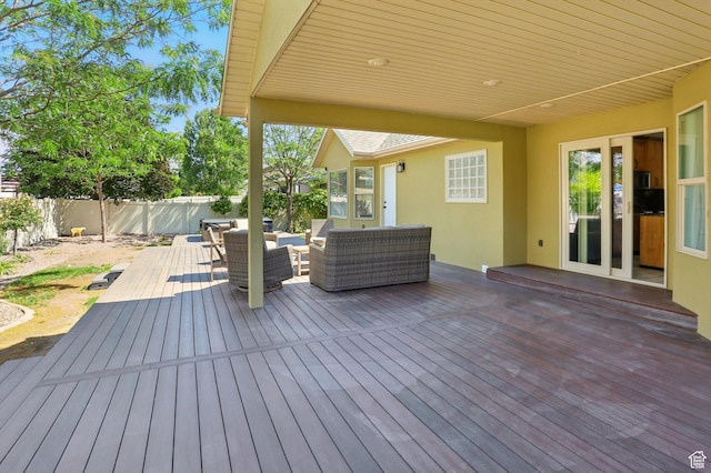 7414 S Regal Dr, West Jordan, UT 84081 - wooden deck featuring an outdoor living space and a fenced backyard