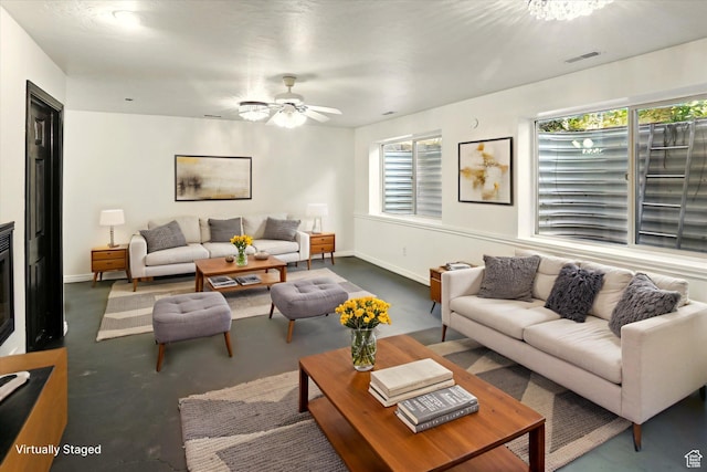 7414 S Regal Dr, West Jordan, UT 84081 - carpeted living room with baseboards and ceiling fan