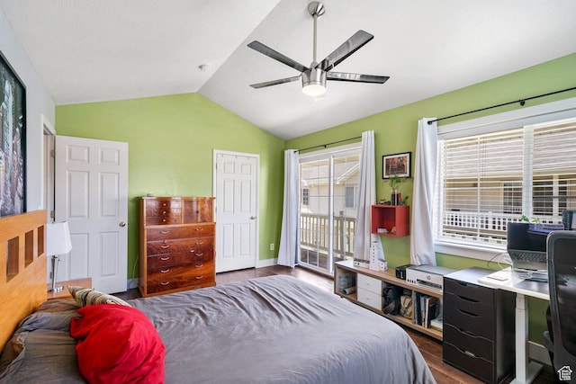 1332 S 1400 E, Provo, UT 84606 - bedroom with dark wood finished floors, vaulted ceiling, access to outside, and a ceiling fan