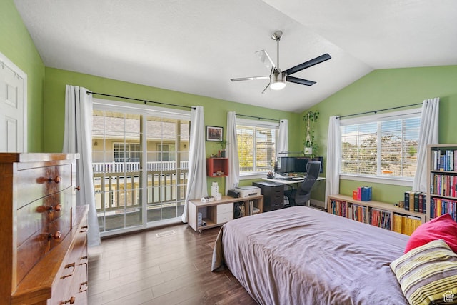 1332 S 1400 E, Provo, UT 84606 - bedroom with access to exterior, wood finished floors, lofted ceiling, and a ceiling fan
