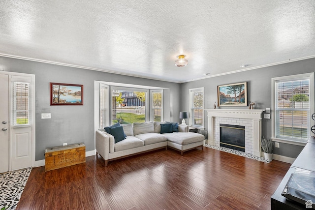 1332 S 1400 E, Provo, UT 84606 - living room featuring dark wood-style floors, a textured ceiling, plenty of natural light, a fireplace, and ornamental molding
