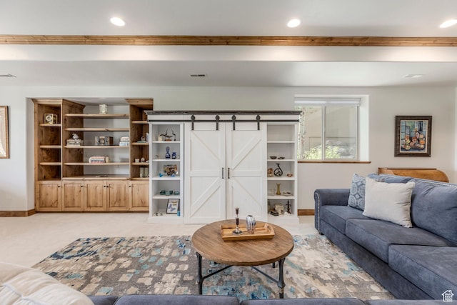 1085 W Links Dr, Midway, UT 84049 - living area with recessed lighting, light carpet, and a barn door
