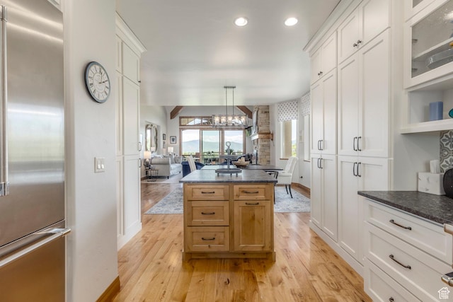 1085 W Links Dr, Midway, UT 84049 - kitchen featuring high quality fridge, light wood-style floors, recessed lighting, a center island, and white cabinets