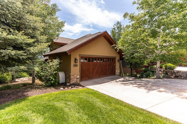 1085 W Links Dr, Midway, UT 84049 - view of front of home featuring stone siding, stucco siding, an attached garage, concrete driveway, and a front lawn