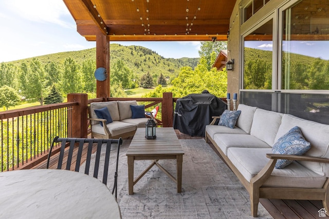 1085 W Links Dr, Midway, UT 84049 - wooden terrace with an outdoor hangout area, area for grilling, a view of trees, and a mountain view