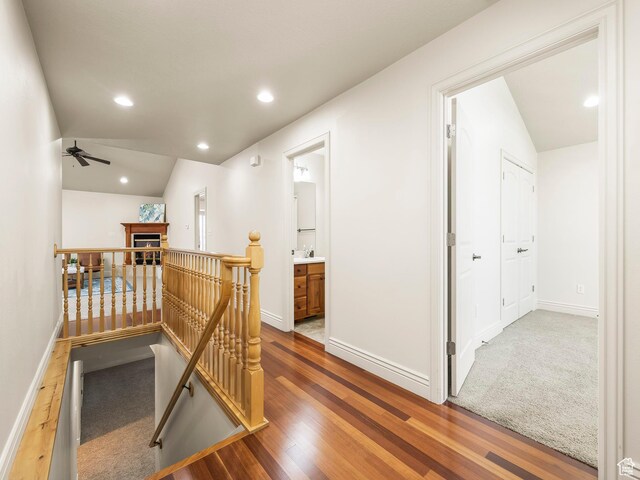 179 S 1060 E, American Fork, UT 84003 - hallway with an upstairs landing, lofted ceiling, recessed lighting, and wood finished floors