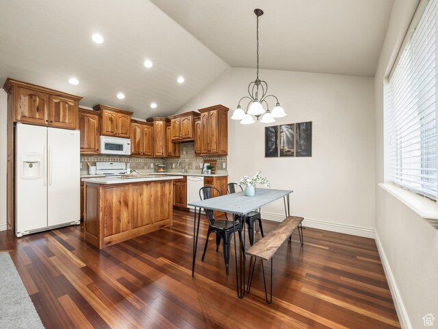 179 S 1060 E, American Fork, UT 84003 - kitchen featuring white appliances, light countertops, a chandelier, backsplash, and brown cabinets