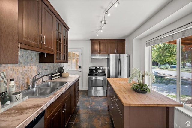 1114 W Briarcliff Ave S, Salt Lake City, UT 84116 - kitchen featuring butcher block counters, appliances with stainless steel finishes, under cabinet range hood, decorative backsplash, and glass insert cabinets