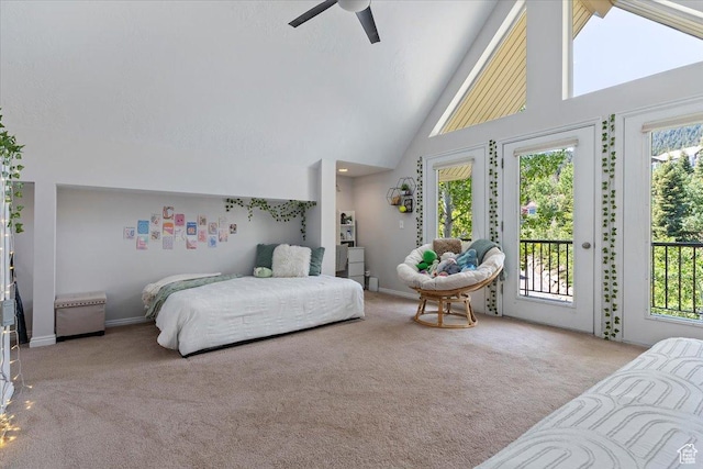 435 Aspen Dr Unit 8, Park City, UT 84098 - bedroom featuring carpet floors, access to exterior, high vaulted ceiling, multiple windows, and ceiling fan