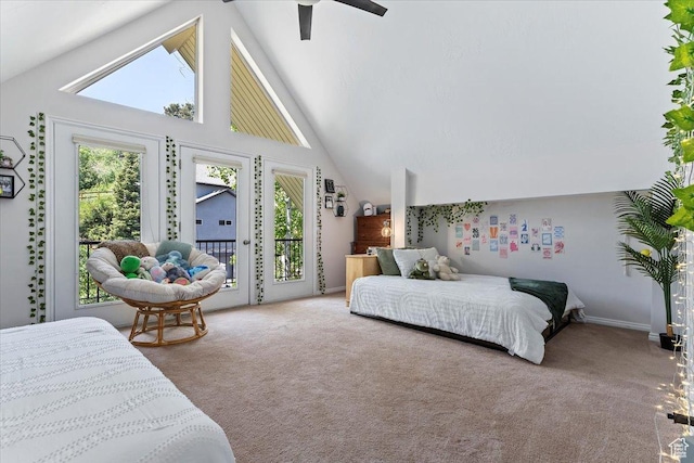 435 Aspen Dr Unit 8, Park City, UT 84098 - carpeted bedroom with access to exterior, high vaulted ceiling, and ceiling fan