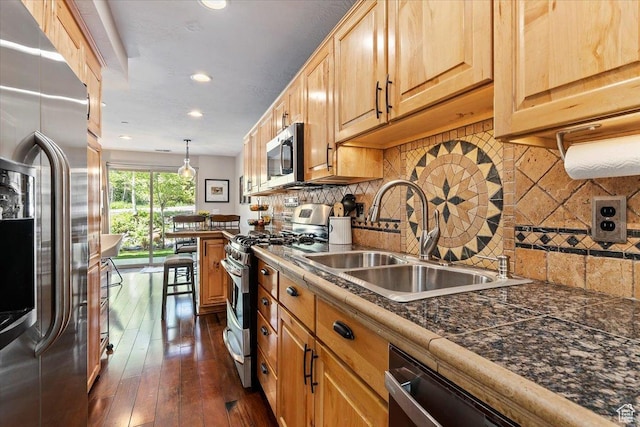 435 Aspen Dr Unit 8, Park City, UT 84098 - kitchen with stainless steel appliances, recessed lighting, dark wood-type flooring, tasteful backsplash, and pendant lighting