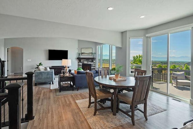 735 W Horizon Dr, Lehi, UT 84043 - dining space featuring a fireplace, wood finished floors, healthy amount of natural light, and recessed lighting