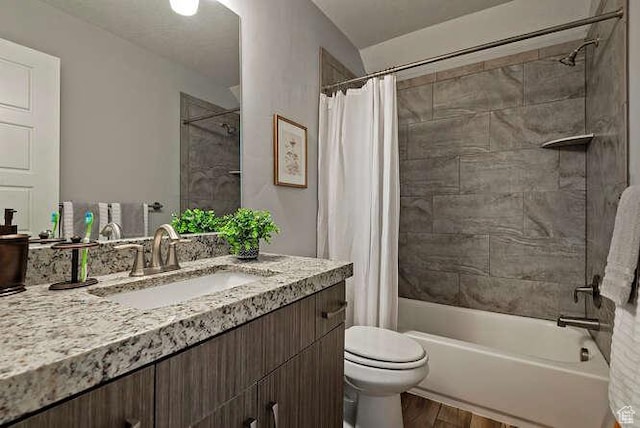 735 W Horizon Dr, Lehi, UT 84043 - bathroom with vanity, wood finished floors, and shower / bath combination with curtain