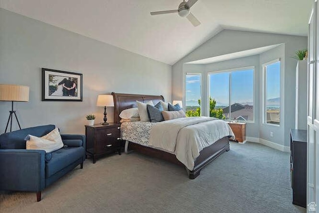735 W Horizon Dr, Lehi, UT 84043 - bedroom featuring light carpet, lofted ceiling, and ceiling fan