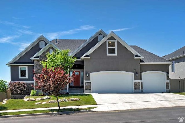 735 W Horizon Dr, Lehi, UT 84043 - craftsman-style home with stone siding, a garage, stucco siding, concrete driveway, and a front yard