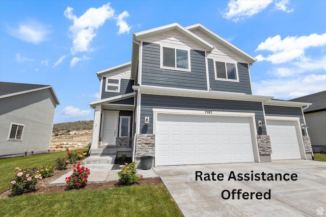 7982 N Bristlecone Rd, Eagle Mountain, UT 84005 - view of front of home with stone siding, concrete driveway, an attached garage, and a front yard