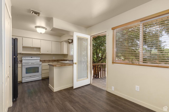 577 W 400 S, Hurricane, UT 84737 - kitchen with electric range, dark wood finished floors, white cabinetry, a peninsula, and freestanding refrigerator