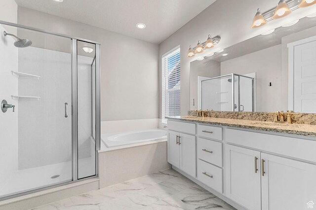 1298 E Salt Creek Peak, Eagle Mountain, UT 84005 - bathroom with a stall shower, a bath, double vanity, marble look tile flooring, and recessed lighting