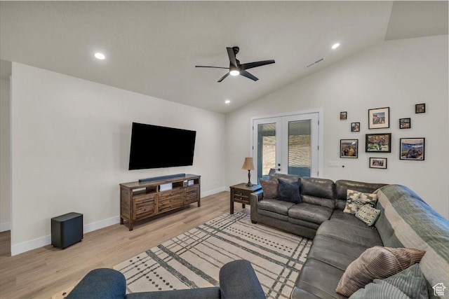 992 S Mulberry Dr, Toquerville, UT 84774 - living room featuring vaulted ceiling, ceiling fan, french doors, light wood-style flooring, and recessed lighting