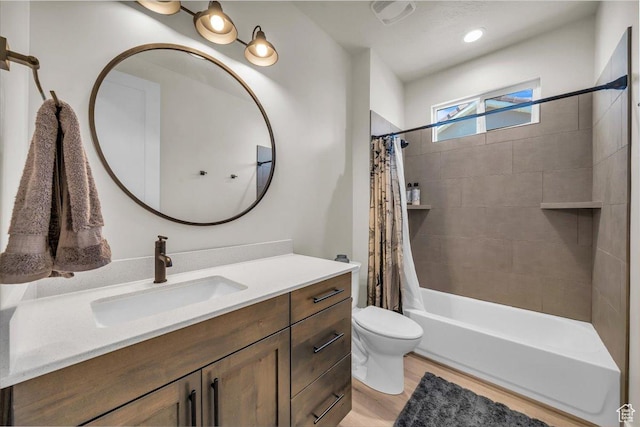 992 S Mulberry Dr, Toquerville, UT 84774 - bathroom featuring vanity, shower / bathtub combination with curtain, and wood finished floors