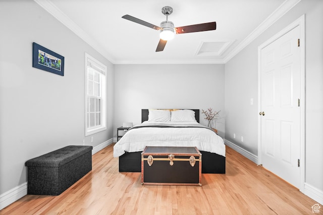 369 E 9th Ave, Salt Lake City, UT 84103 - bedroom with attic access, light wood-type flooring, crown molding, and ceiling fan