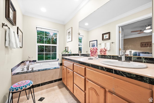 369 E 9th Ave, Salt Lake City, UT 84103 - bathroom with double vanity, ornamental molding, a garden tub, and recessed lighting