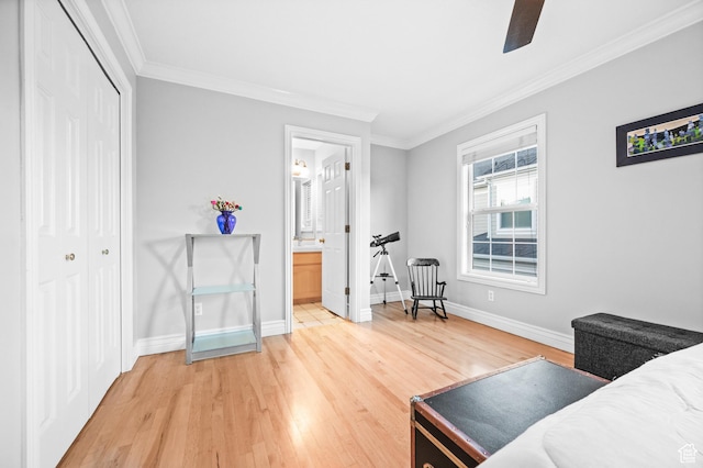 369 E 9th Ave, Salt Lake City, UT 84103 - bedroom with light wood finished floors, ornamental molding, a closet, ensuite bath, and ceiling fan