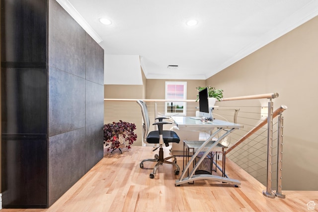 369 E 9th Ave, Salt Lake City, UT 84103 - office area with wood finished floors, ornamental molding, and recessed lighting