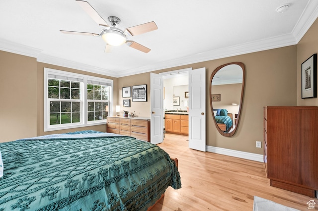 369 E 9th Ave, Salt Lake City, UT 84103 - bedroom featuring ornamental molding, light wood-style flooring, ceiling fan, and ensuite bathroom