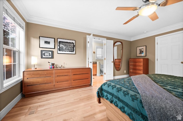 369 E 9th Ave, Salt Lake City, UT 84103 - bedroom featuring crown molding, multiple windows, light wood finished floors, ceiling fan, and connected bathroom