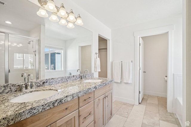 7215 N Clear Meadow Way, Eagle Mountain, UT 84005 - full bathroom featuring a stall shower, double vanity, a tub, and recessed lighting
