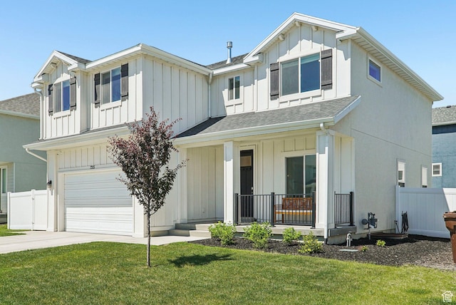 7215 N Clear Meadow Way, Eagle Mountain, UT 84005 - modern farmhouse style home featuring covered porch, board and batten siding, a garage, a shingled roof, and driveway