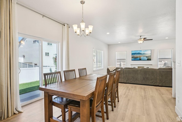 7215 N Clear Meadow Way, Eagle Mountain, UT 84005 - dining room featuring light wood-style flooring, a chandelier, ceiling fan, and recessed lighting