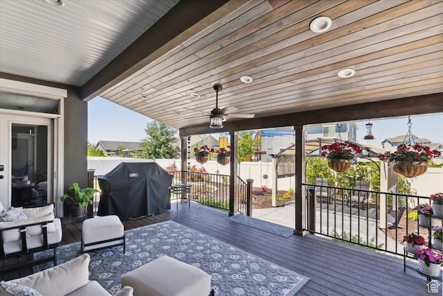 2892 W 2500 N, Clinton, UT 84015 - wooden deck featuring a fenced backyard, a ceiling fan, and a grill