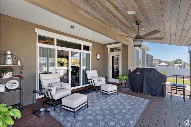 2892 W 2500 N, Clinton, UT 84015 - wooden terrace featuring area for grilling, an outdoor living space, and ceiling fan