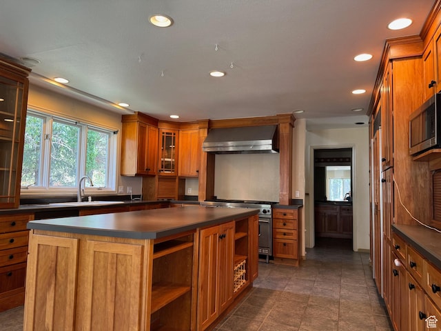 754 Quaking Aspen Ct, Park City, UT 84060 - kitchen featuring dark countertops, wall chimney range hood, open shelves, brown cabinetry, and recessed lighting