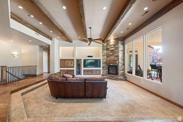 1285 Summerwood Cir, Santa Clara, UT 84765 - living room featuring recessed lighting, beamed ceiling, a fireplace, and ceiling fan