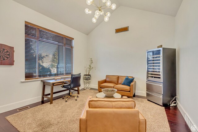 338 S Holdaway Rd, Vineyard, UT 84059 - office area featuring a chandelier, high vaulted ceiling, and dark wood finished floors