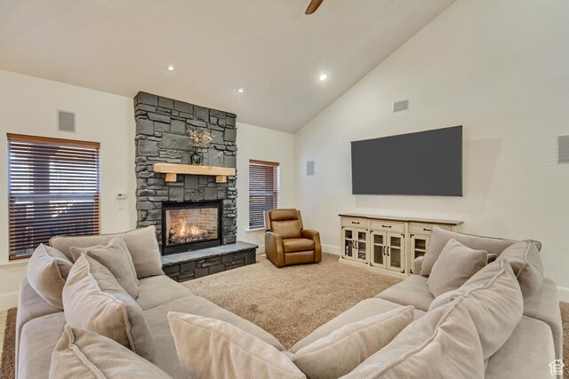 338 S Holdaway Rd, Vineyard, UT 84059 - carpeted living room with a stone fireplace, high vaulted ceiling, recessed lighting, and a ceiling fan