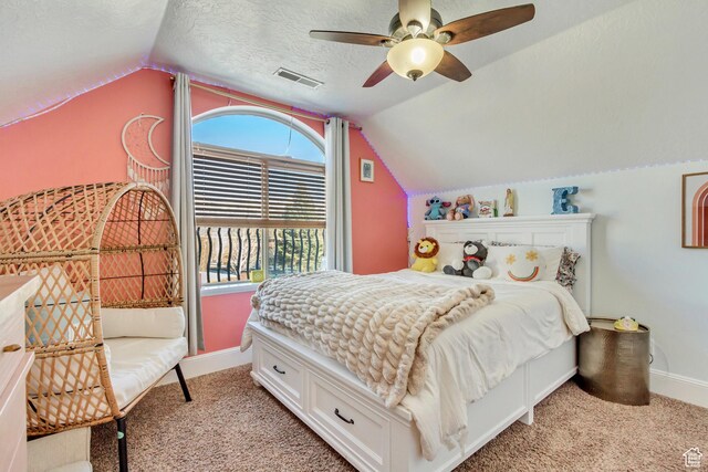 338 S Holdaway Rd, Vineyard, UT 84059 - bedroom with vaulted ceiling, light colored carpet, a textured ceiling, and ceiling fan