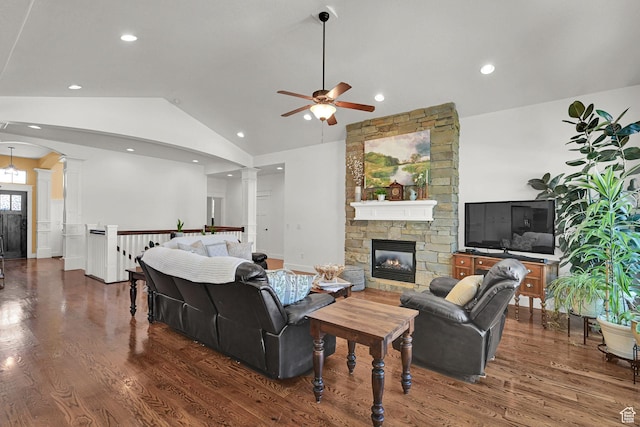 514 Rigby Rd, Farmington, UT 84025 - living area featuring ornate columns, a ceiling fan, wood finished floors, lofted ceiling, and a fireplace