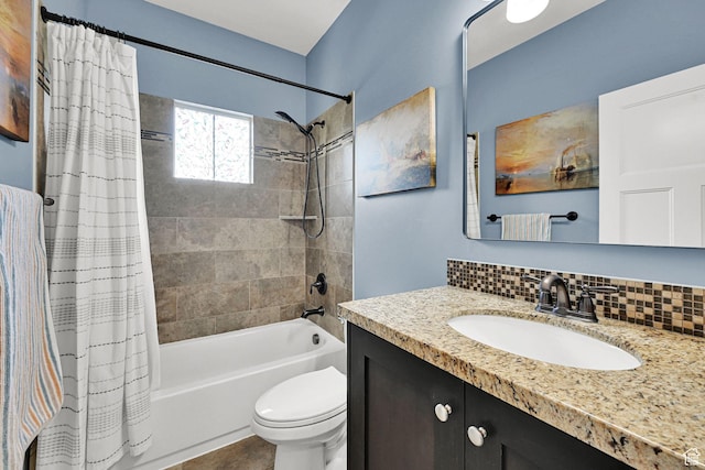 514 Rigby Rd, Farmington, UT 84025 - bathroom with shower / bath combination with curtain, vanity, and tasteful backsplash
