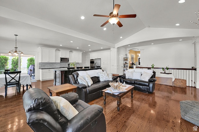 514 Rigby Rd, Farmington, UT 84025 - living area featuring a ceiling fan, decorative columns, lofted ceiling, arched walkways, and dark wood-style floors