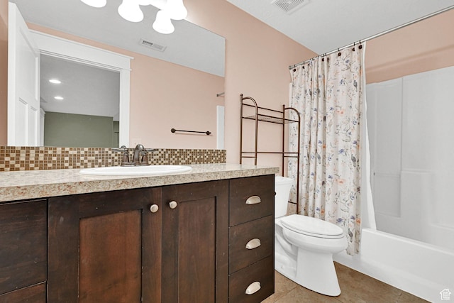 514 Rigby Rd, Farmington, UT 84025 - full bathroom featuring tasteful backsplash, vanity, tile patterned floors, and shower / bath combo with shower curtain