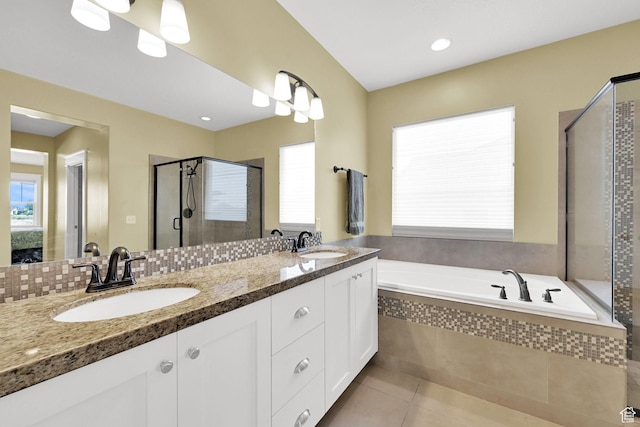 514 Rigby Rd, Farmington, UT 84025 - full bathroom with a stall shower, tile patterned floors, a garden tub, double vanity, and ensuite bathroom