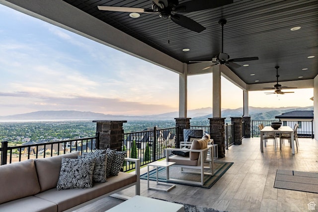 1621 E Box Elder Cir, Alpine, UT 84004 - patio / terrace with outdoor lounge area, a mountain view, and a ceiling fan