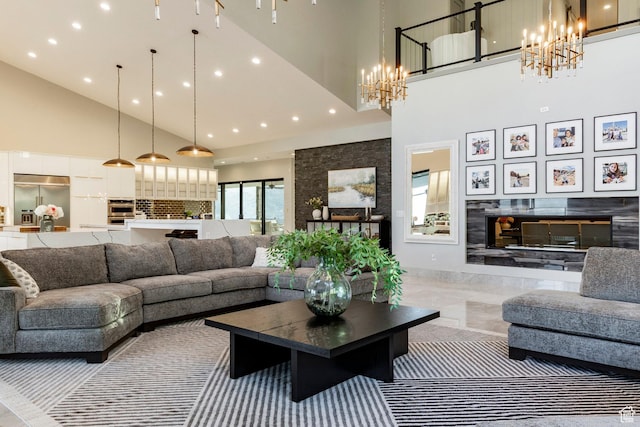 1621 E Box Elder Cir, Alpine, UT 84004 - living room with high vaulted ceiling, a chandelier, and recessed lighting